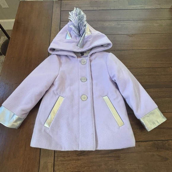 Cat & Jack Purple/Silver Unicorn Hooded Button Up Coat Girl’s 3T Heart Lining - Picture 1 of 8
